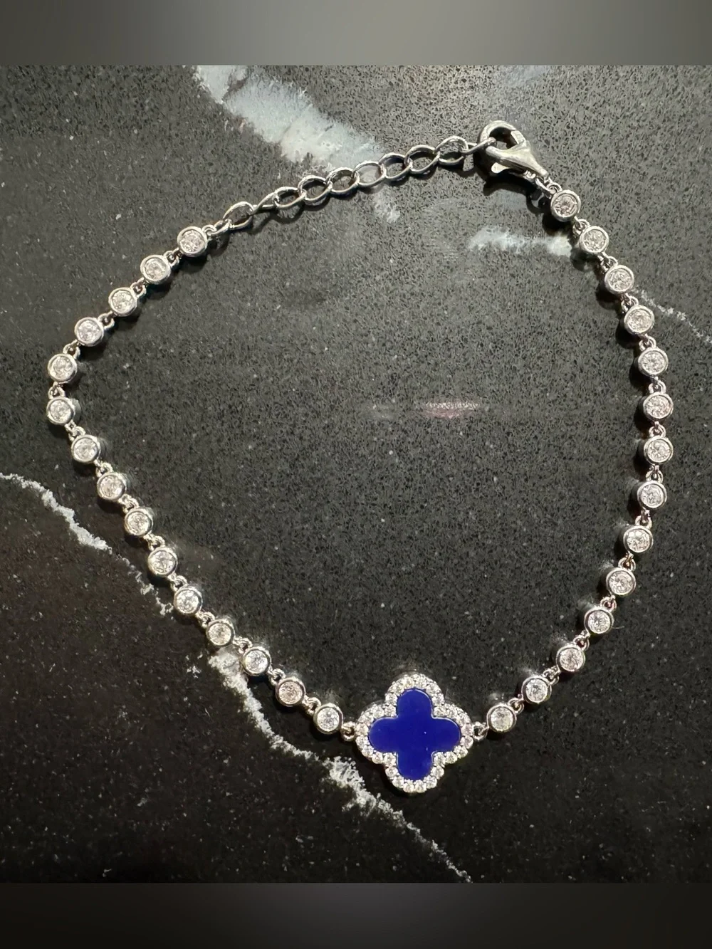 Silver Tennis Bracelet with Blue Clover Accent - Women Jewelry