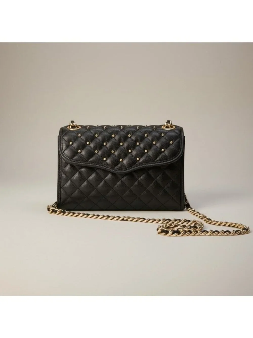 Rebecca Minkoff Quilted Black Leather Crossbody Bag With Gold Chain Strap & Blue