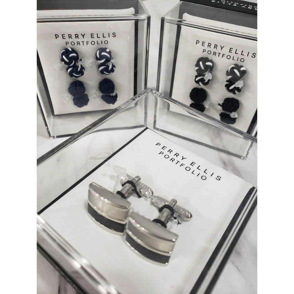 LOT 3 Navy Blue Black Silver Perry Ellis Portfolio‎ Men's Silk Knot Cufflinks