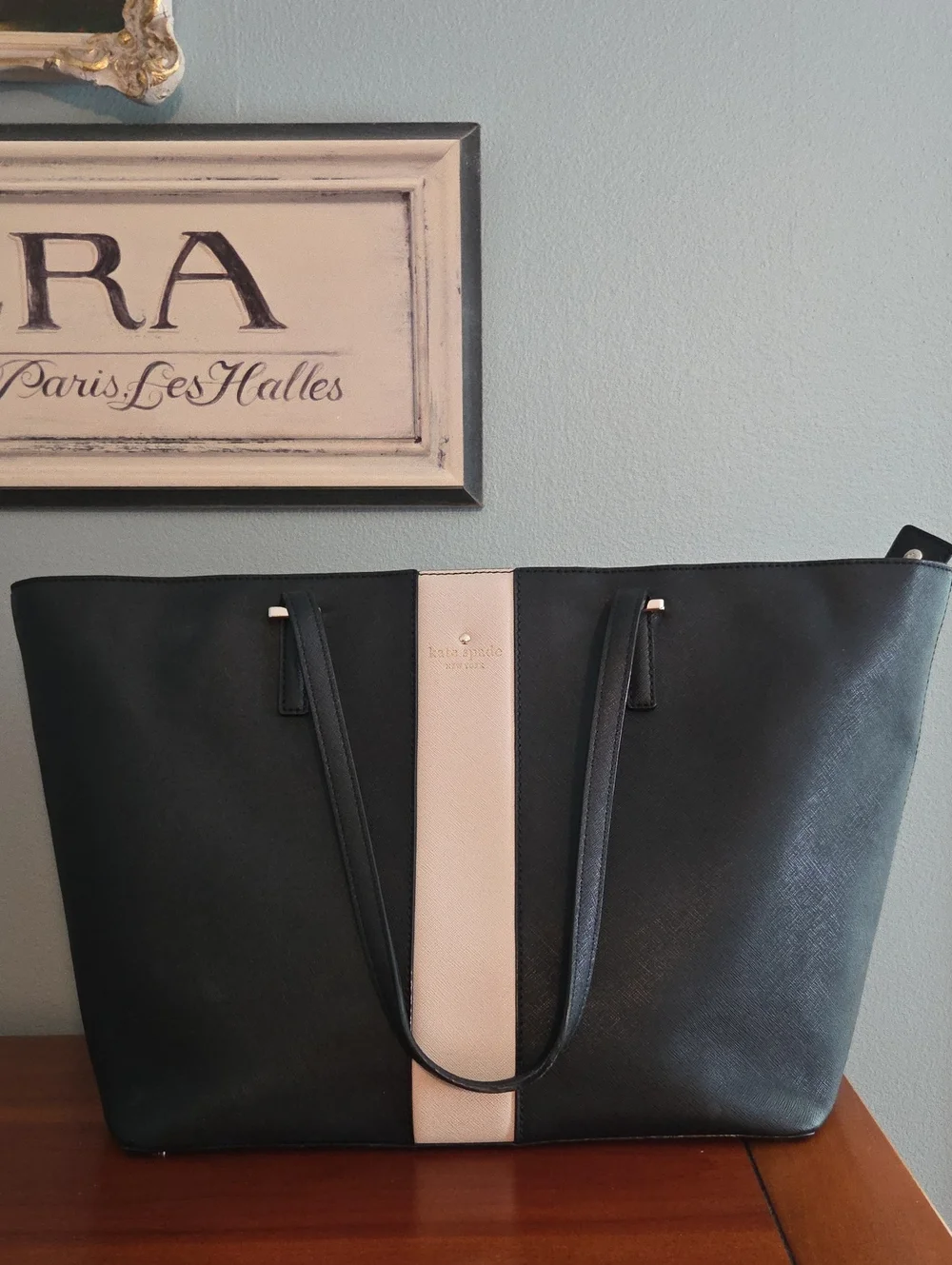 kate spade Black and Cream Center-Stripe Leather Tote