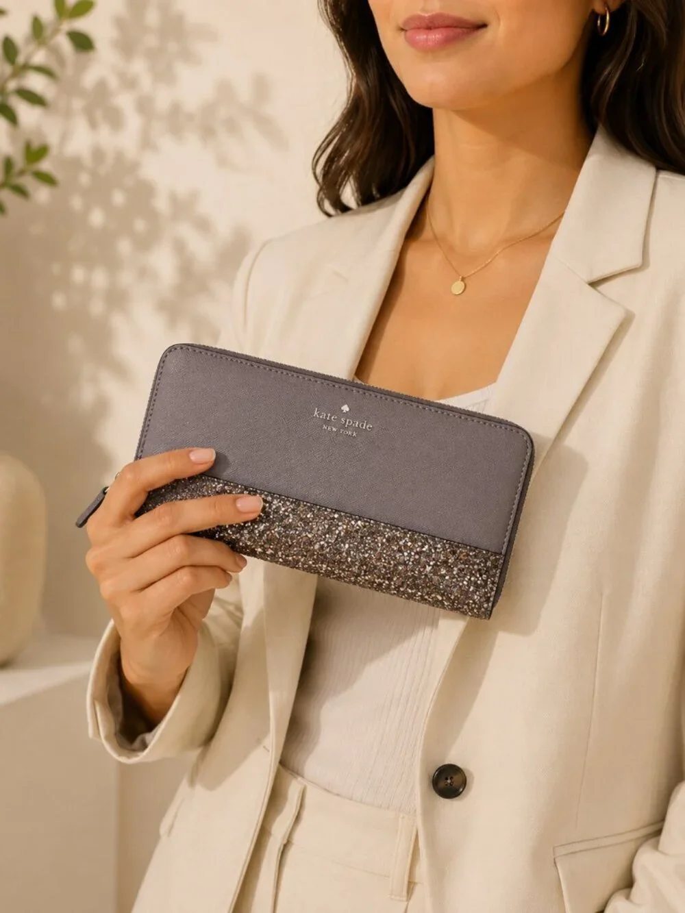 Kate Spade Glitter Zip Around Wallet Taupe Brown Leather Wristlet Clutch