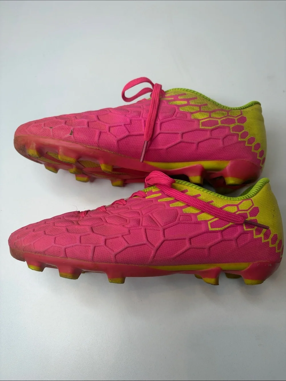 Bright Pink Athletic Cleats Shoes with Neon Yellow Back & Interior Kids size 2