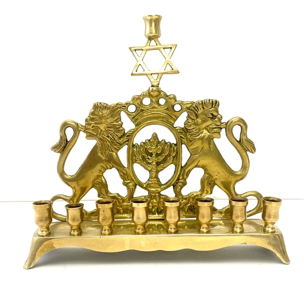 Vintage Lions of Judea Menorah Solid Brass Eastern European, c. 1900