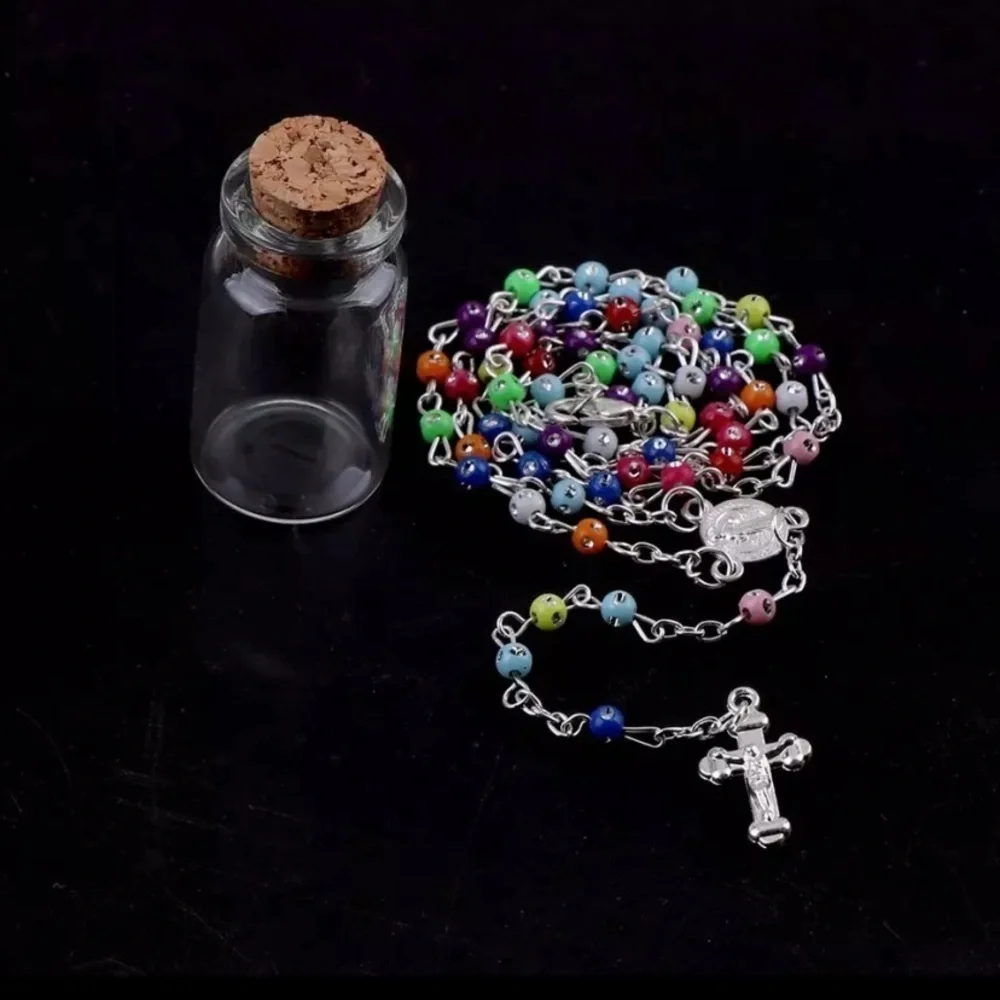 Multicolor Holy Rosary 4mm Plastic Beads Silver Tone Crucifix First Communion