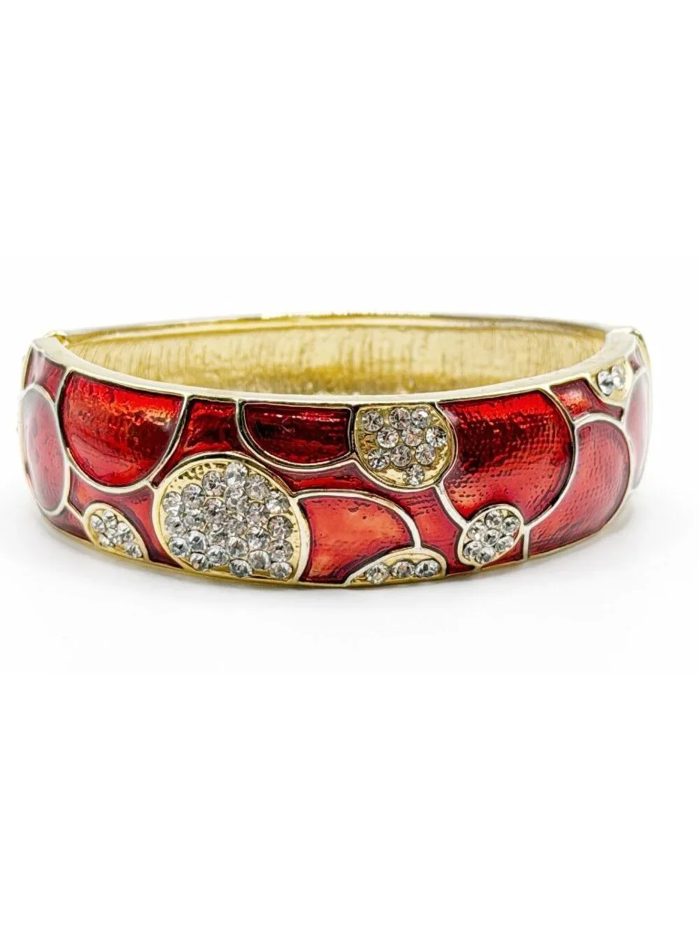 Red Enamel & Rhinestone Goldtone Clamper‎  Bracelet