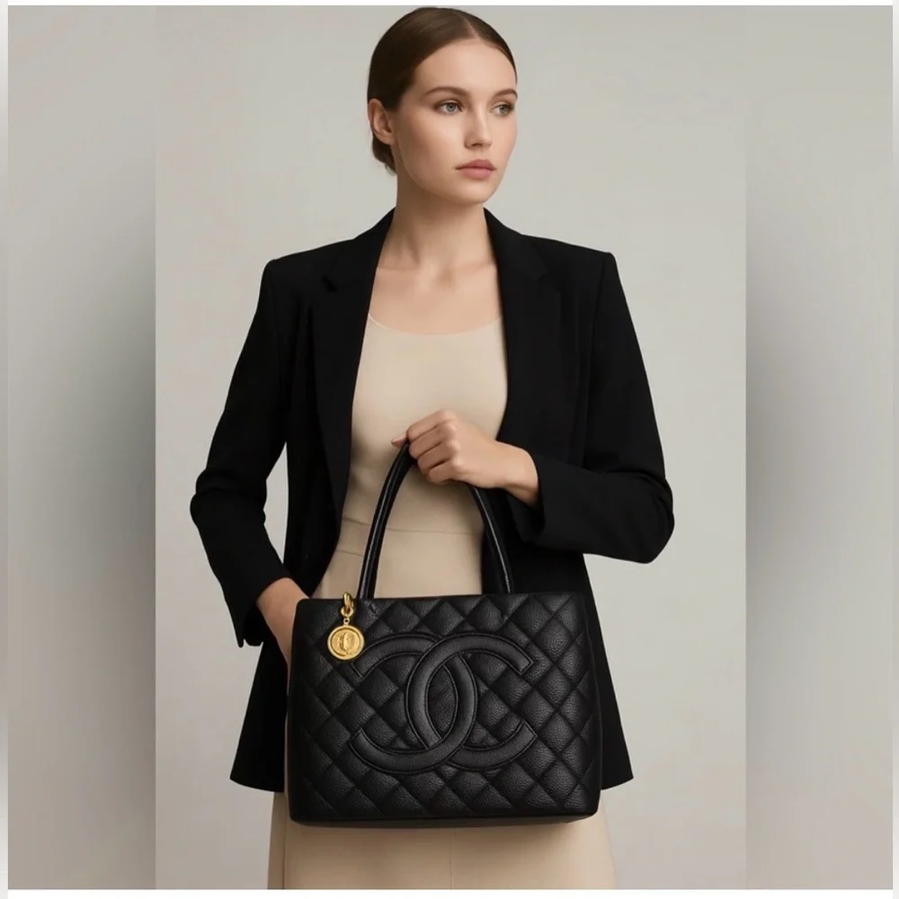 CHANEL Caviar Leather Black Quilted Silver Medallion Tote Bag Classic Luxury Y2K