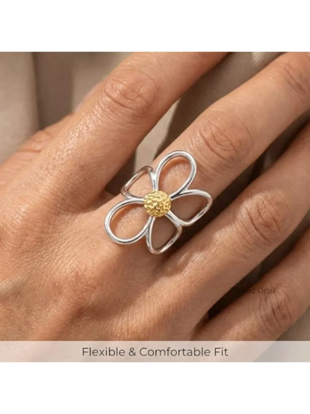2 Pcs Chunky Hollow Flower Thumb Rings, Open Band Adjustable Two-Tone Statement