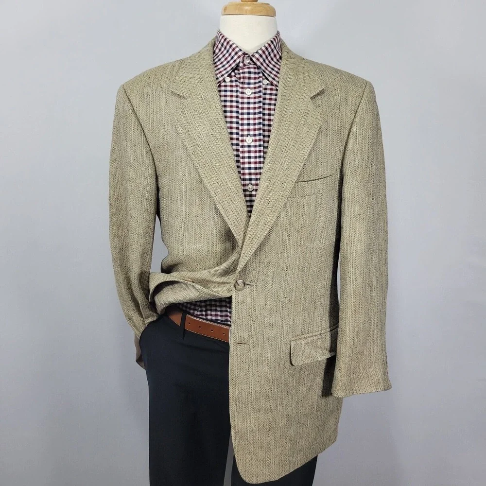 VTG Haspel Men's Sport Coat Blazer Two Button Beige Brown 100%‎ SILK Sz 42R