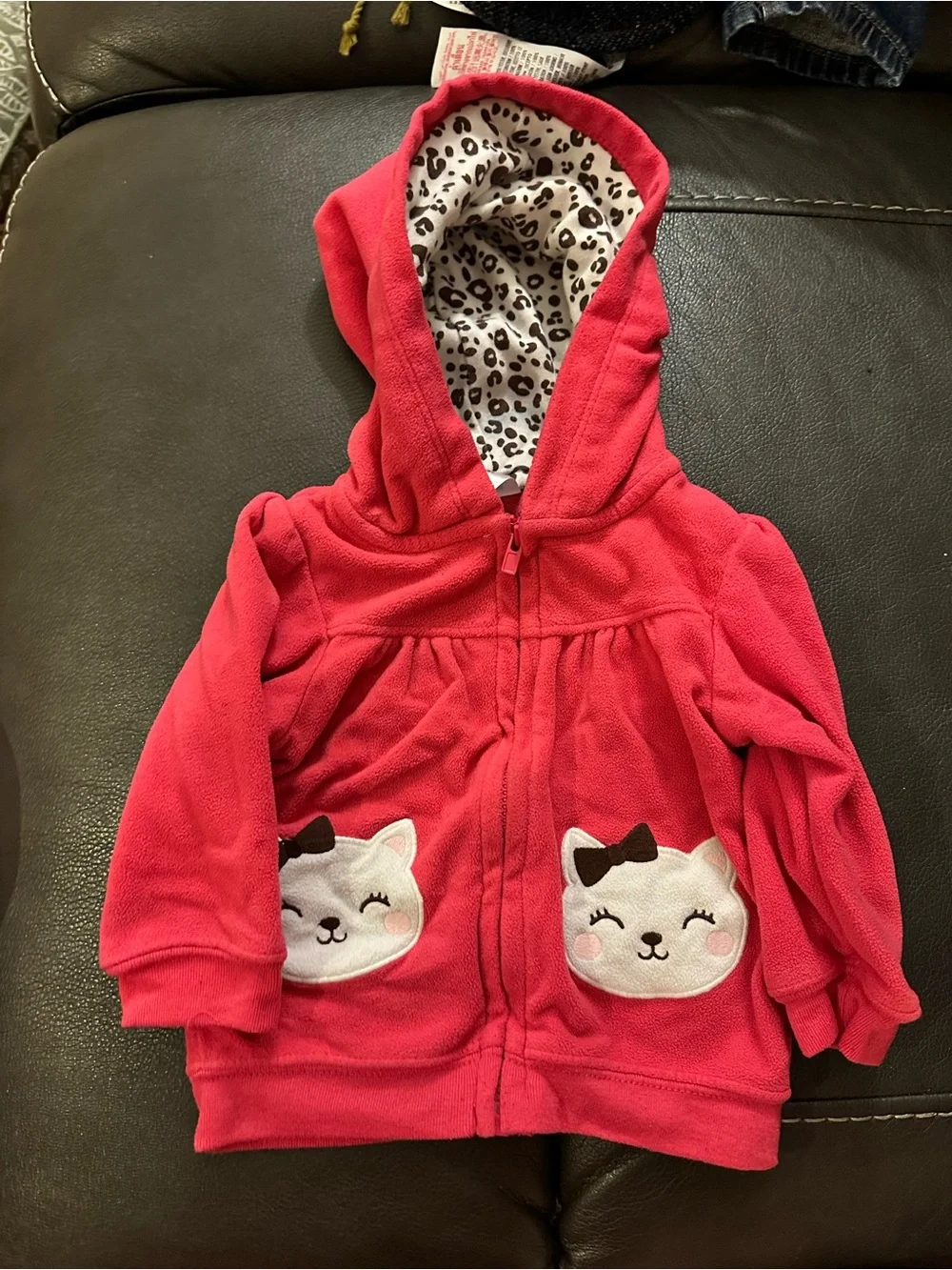 Pink Hooded Baby Jacket with Leopard Lined Hood and Kitty Pockets