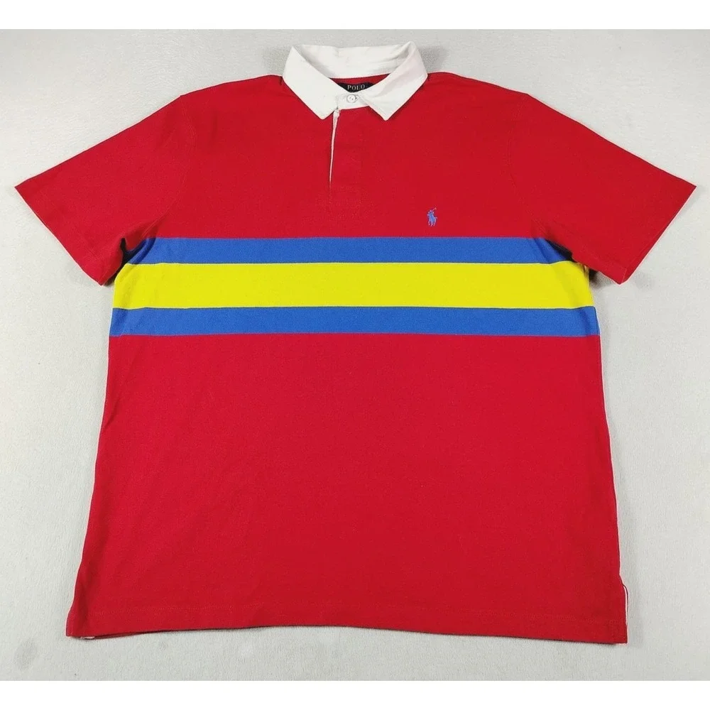 Polo Ralph Lauren Rugby Shirt Mens XL Red Blue Yellow Stripe Pony Classic Fit