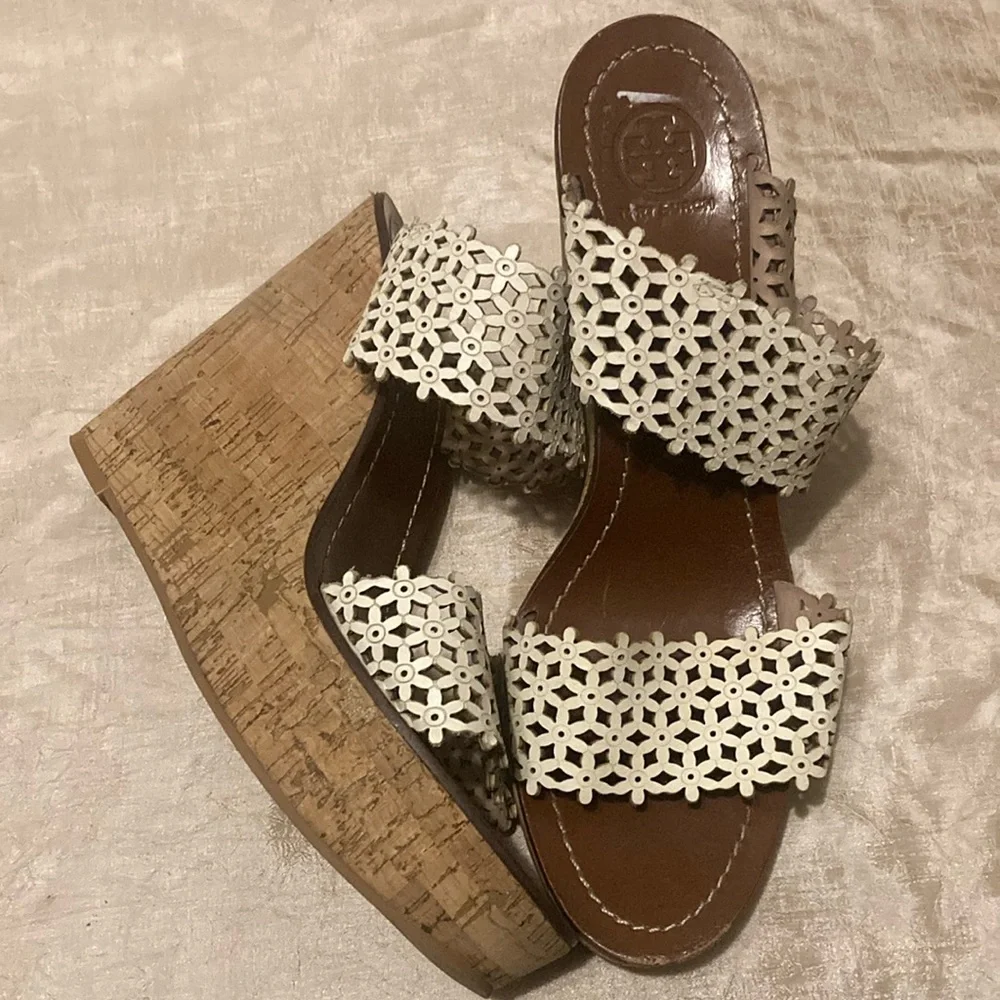 Tory Burch Floral Perforated Leather Wedge Sandal