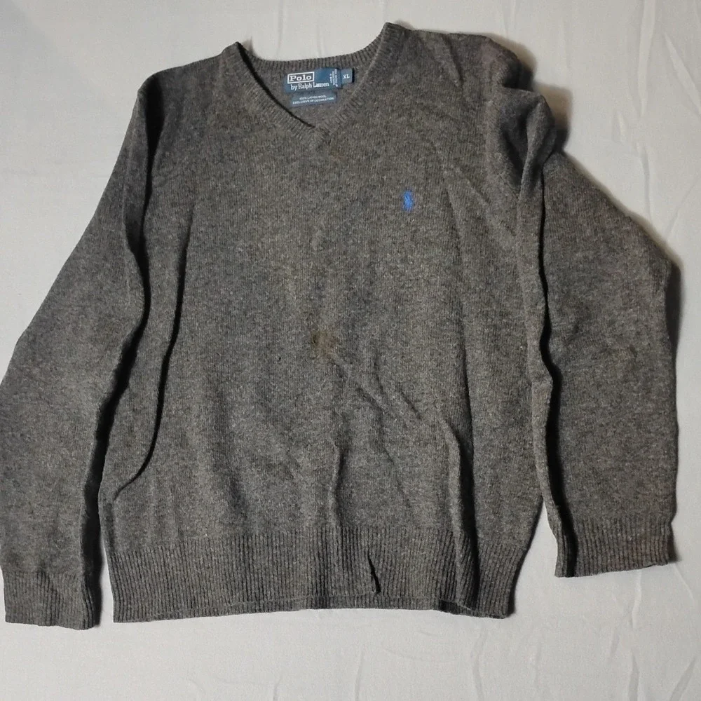 Polo Ralph Lauren Mens Gray 100% Lambswool V Neck‎ Sweater XL