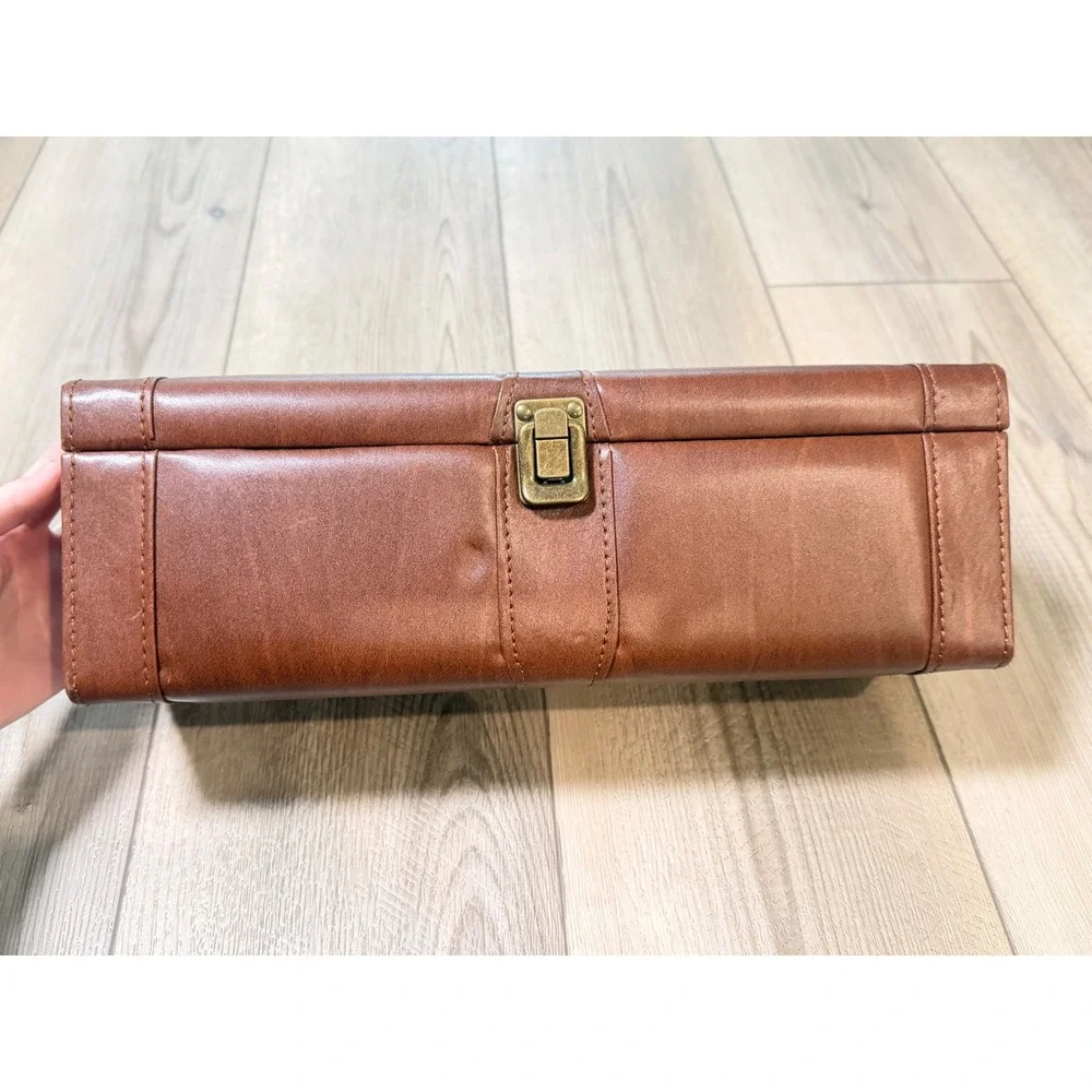 Vintage Brown Faux Leather Single Bottle Wine Carrier Case Brass Latch Travel