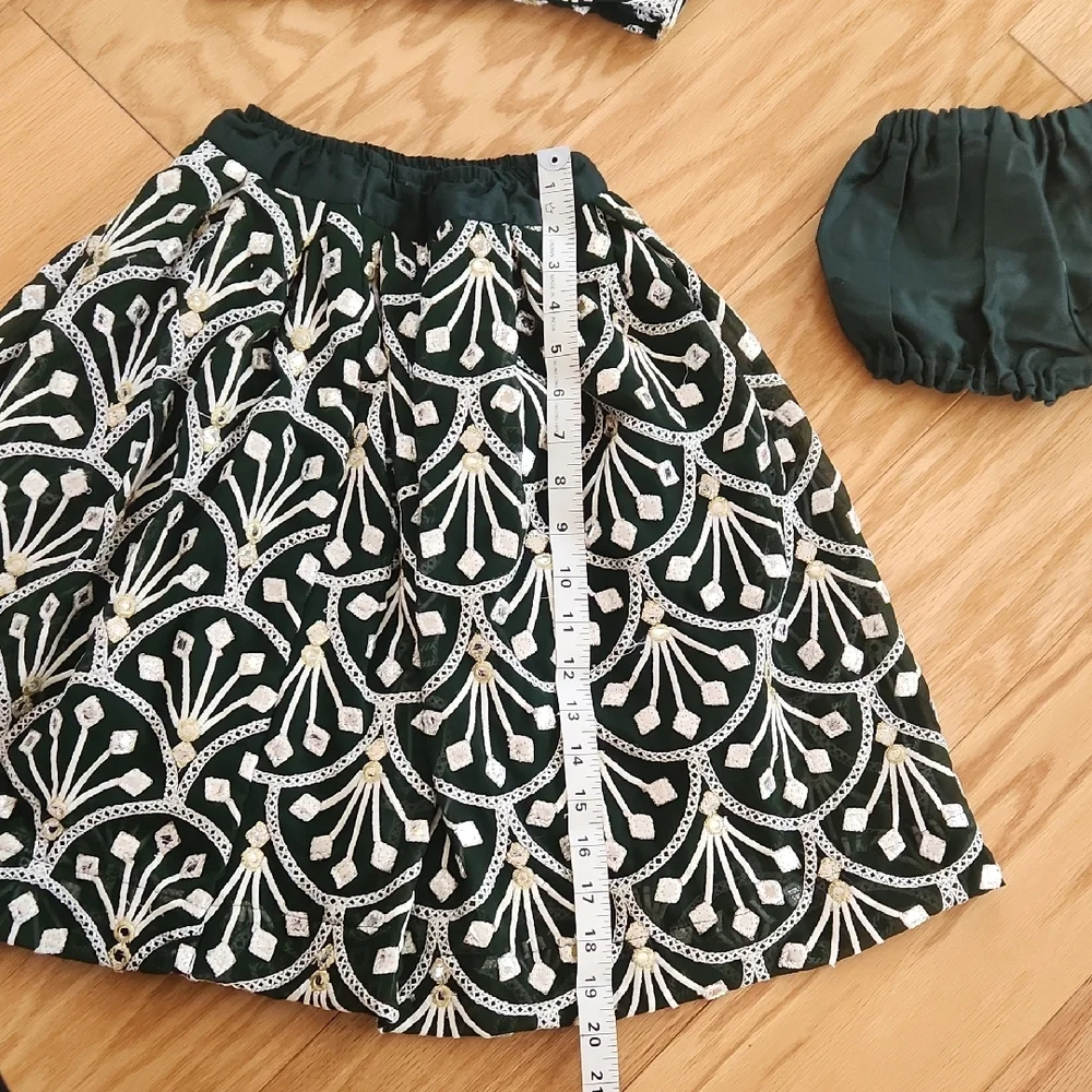 Dark Green and White Three-Piece Lehanga Choli For Girls 2-3 Yrs Short Sleeves