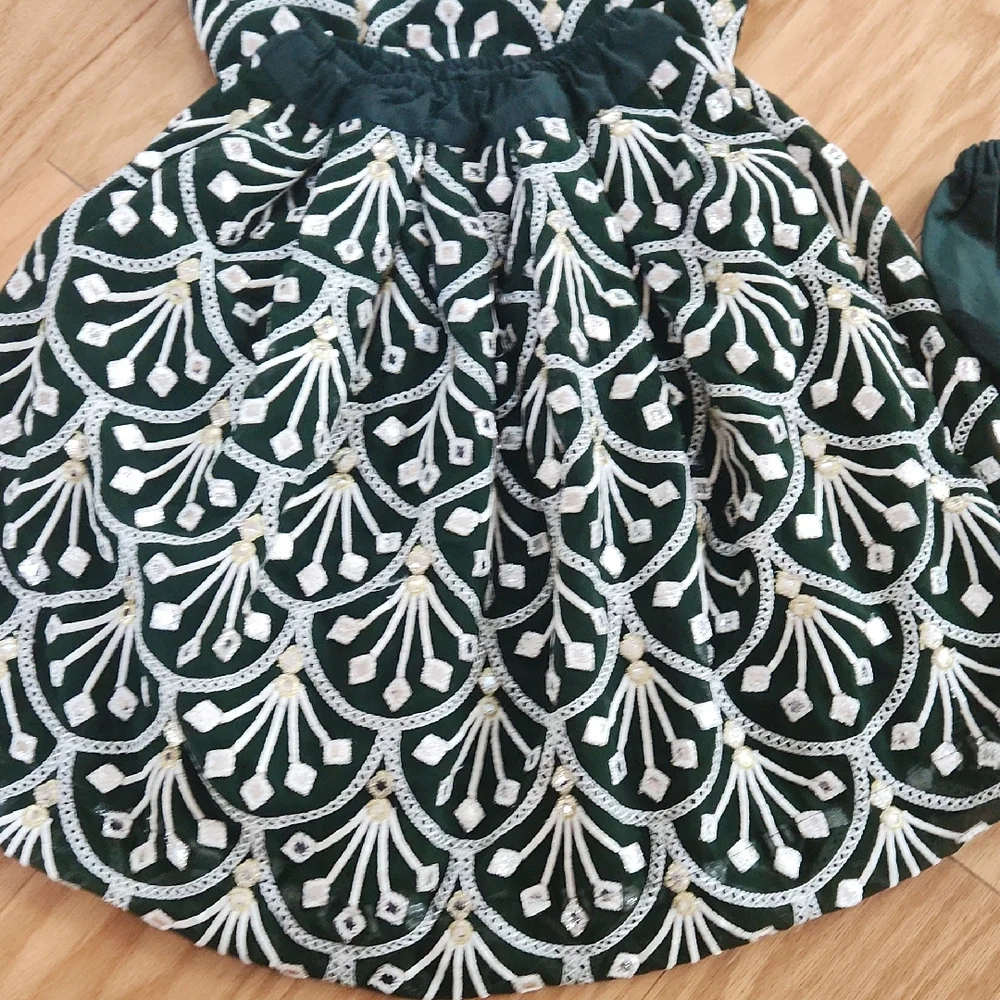 Dark Green and White Three-Piece Lehanga Choli For Girls 2-3 Yrs Short Sleeves