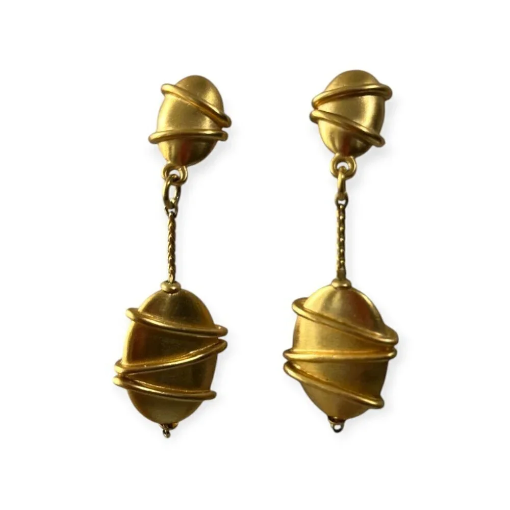 Gold Tone Long Dangling Earrings, Vintage 1980s,