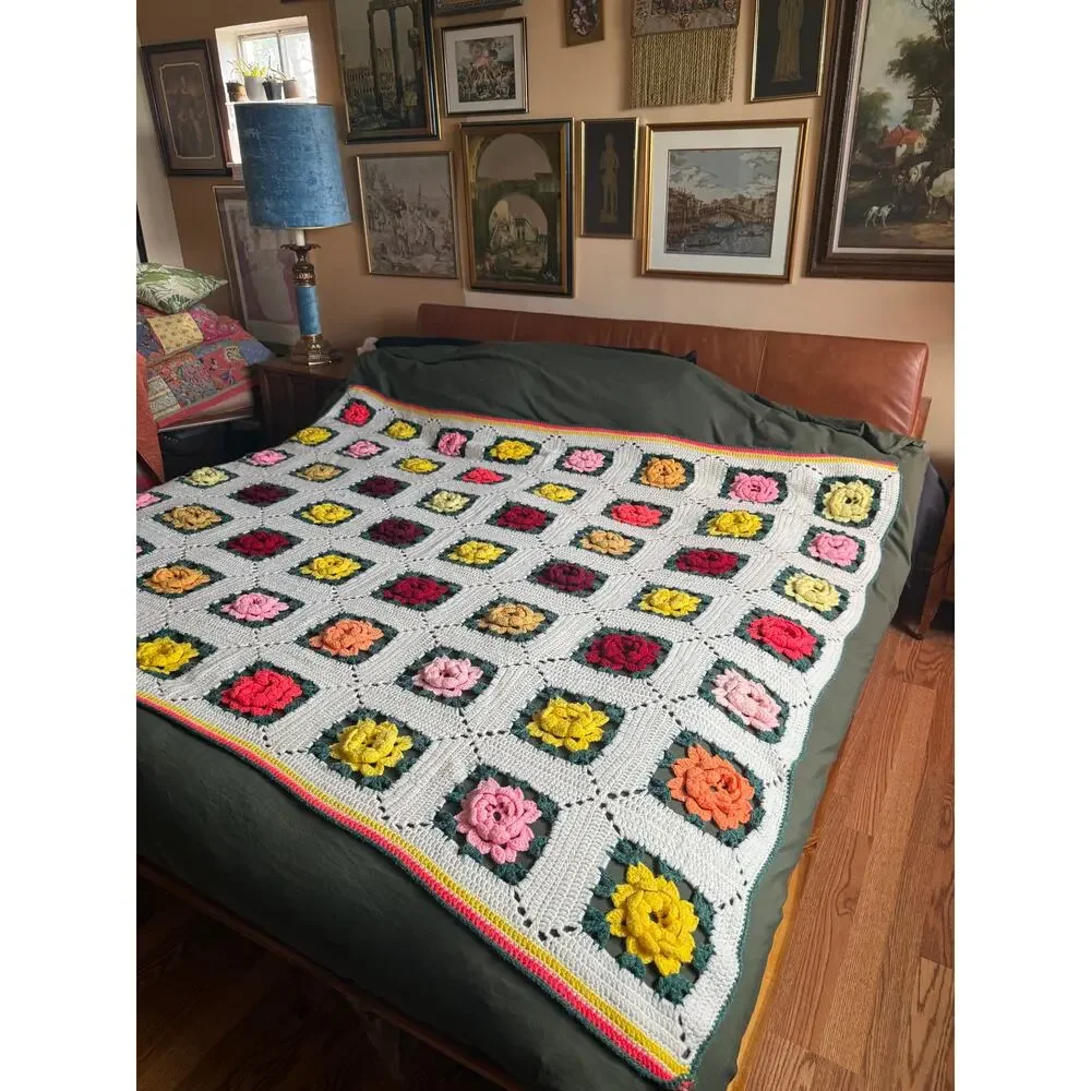 Vintage Granny 3D Rose Square Crochet Afghan Blanket Multi Color Handmade Flower