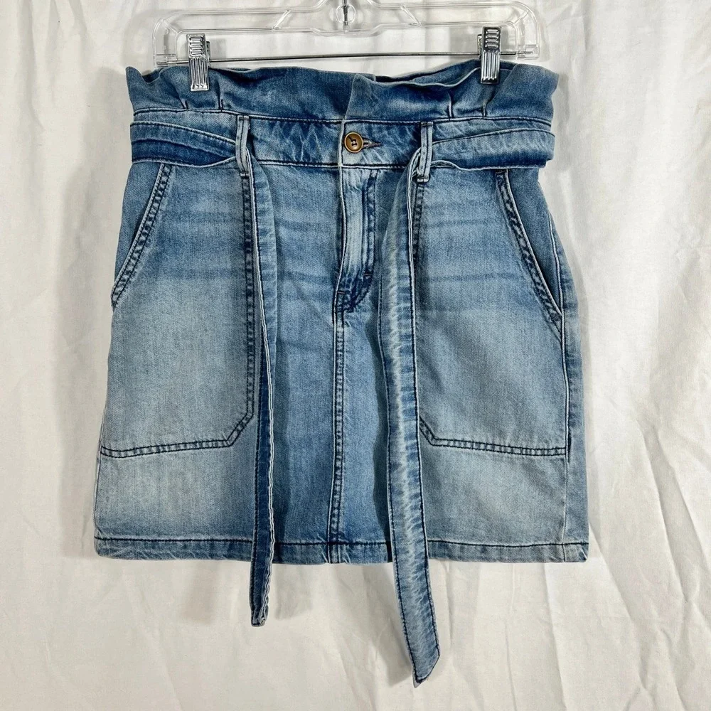 Free People‎ Paperbag Denim Mini Skirt Blue Sz 8 Belt Boho Y2K High Waisted
