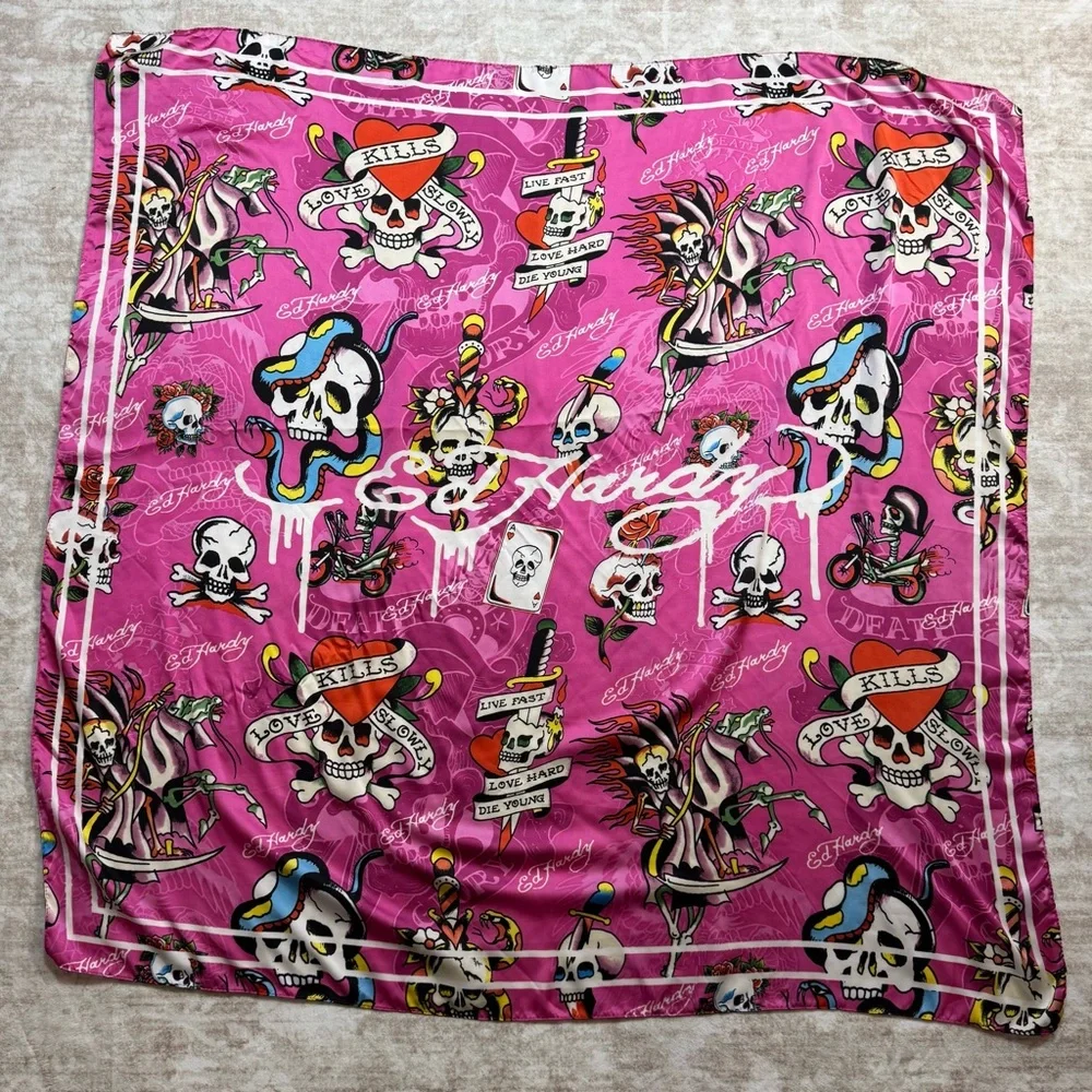 Ed Hardy Pink Skull Snake Tattoo Print Satin Scarf Wrap Y2K 43x43‎
