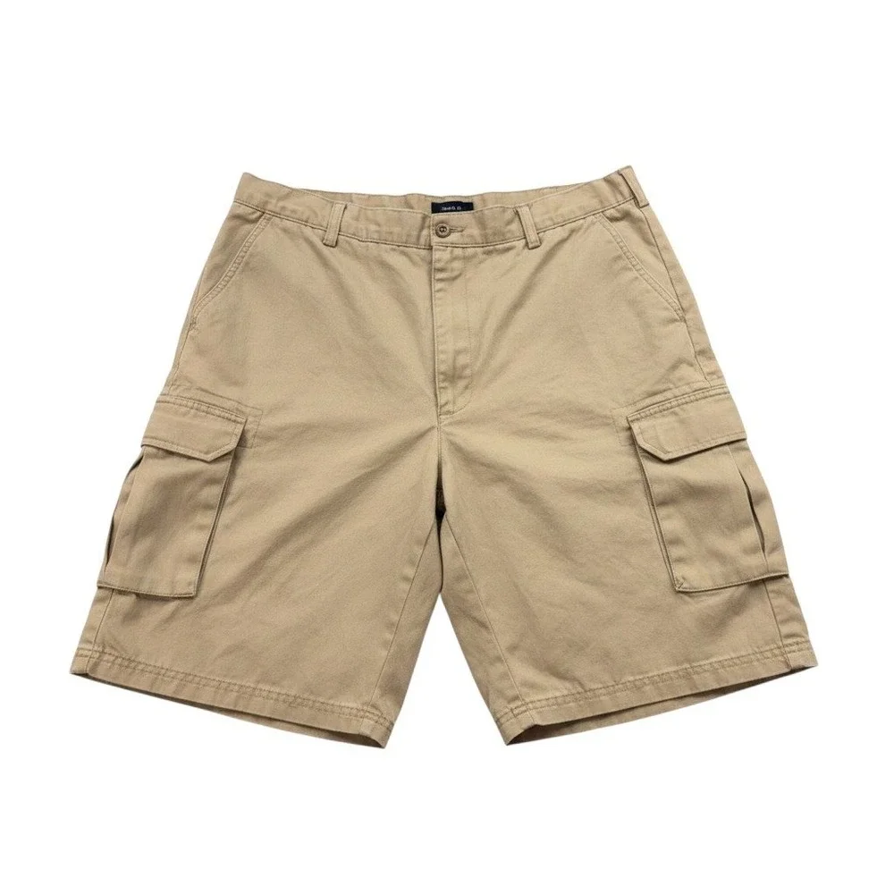 Lands End Mens Cargo Shorts 36 Tan Khaki 100% Cotton Twill Casual Utility Hiking