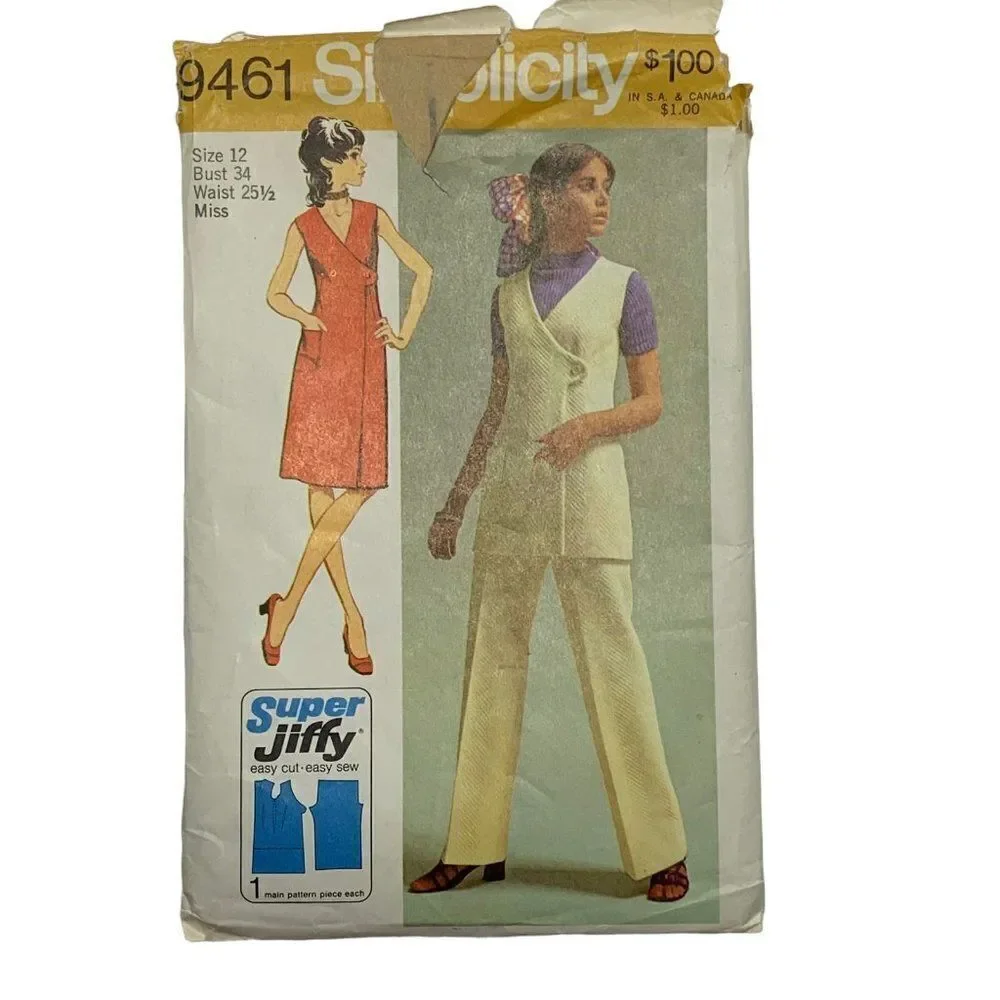 Vintage 70s Simplicity 9461 Pattern Misses 8-18 Mod Dress Tunic Pants Uncut