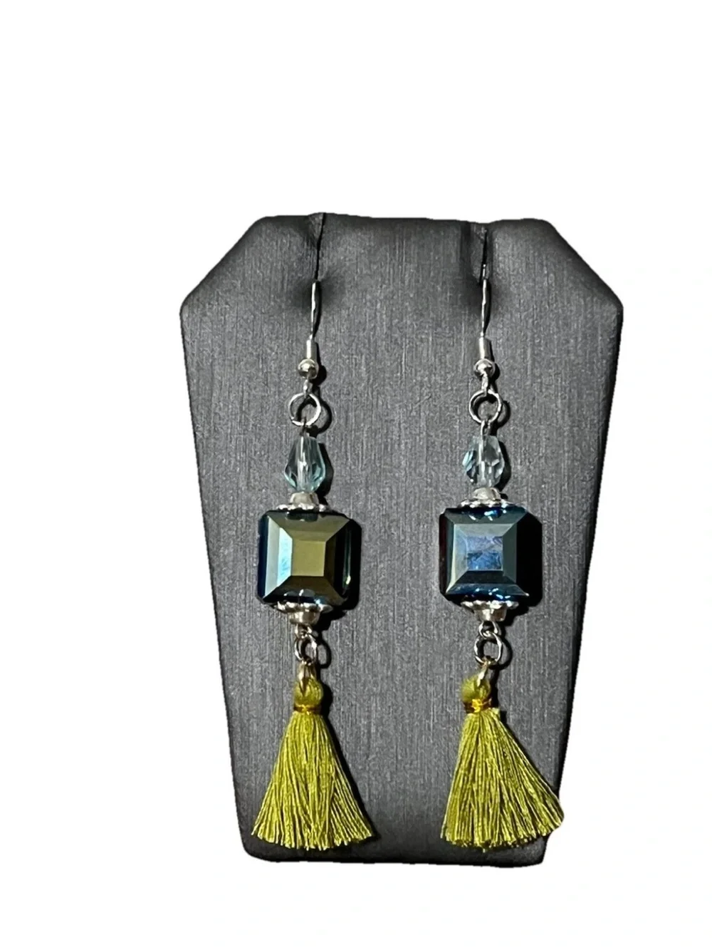 Handcrafted Iridescent Crystal Cube Dangle Earrings Olive Green Tassel Boho