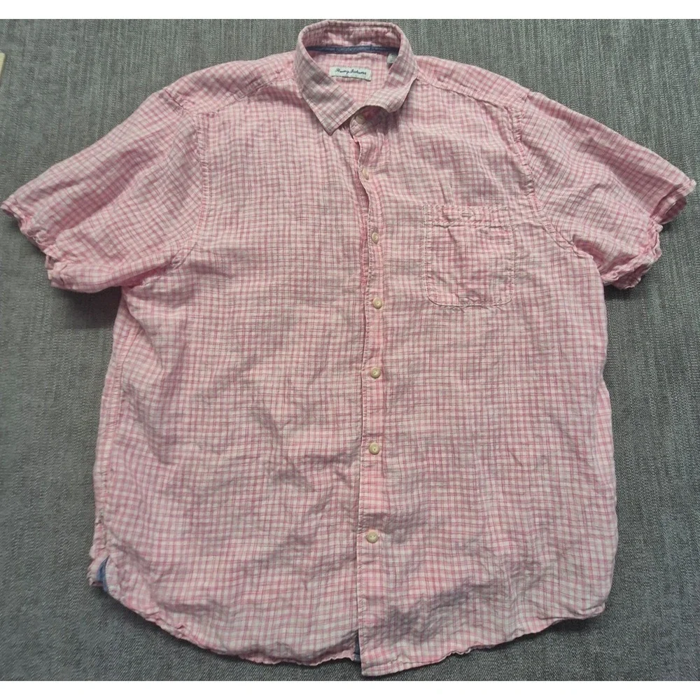 Tommy Bahama men's pink white checker short sleeve button‎ up XL Linen Blend