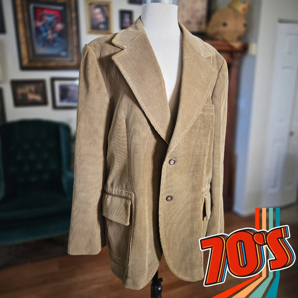 Vintage 70s Mens Tan Corduroy Blazer Jacket Made in Yugoslavia 2 Button Classic‎