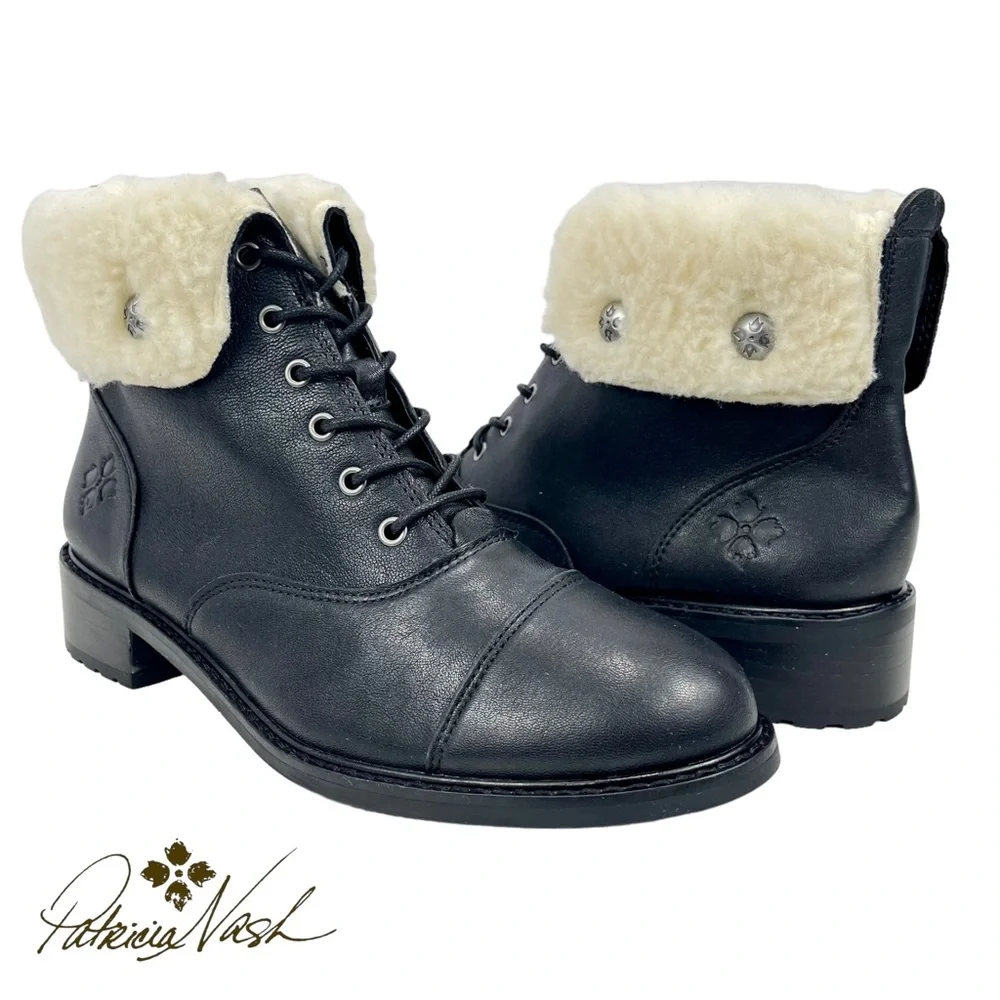 Patricia Nash Women’s 9.5 Lia Faux Fur Fold Over Black Leather‎ Winter Boots