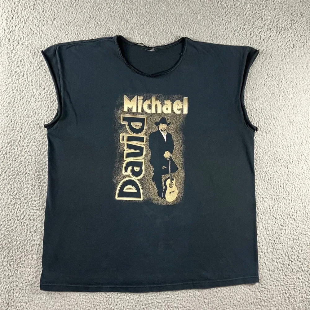 Country Music Graphic Tee Men‎ XL Black Sleeveless Distressed Biker Edgy Western