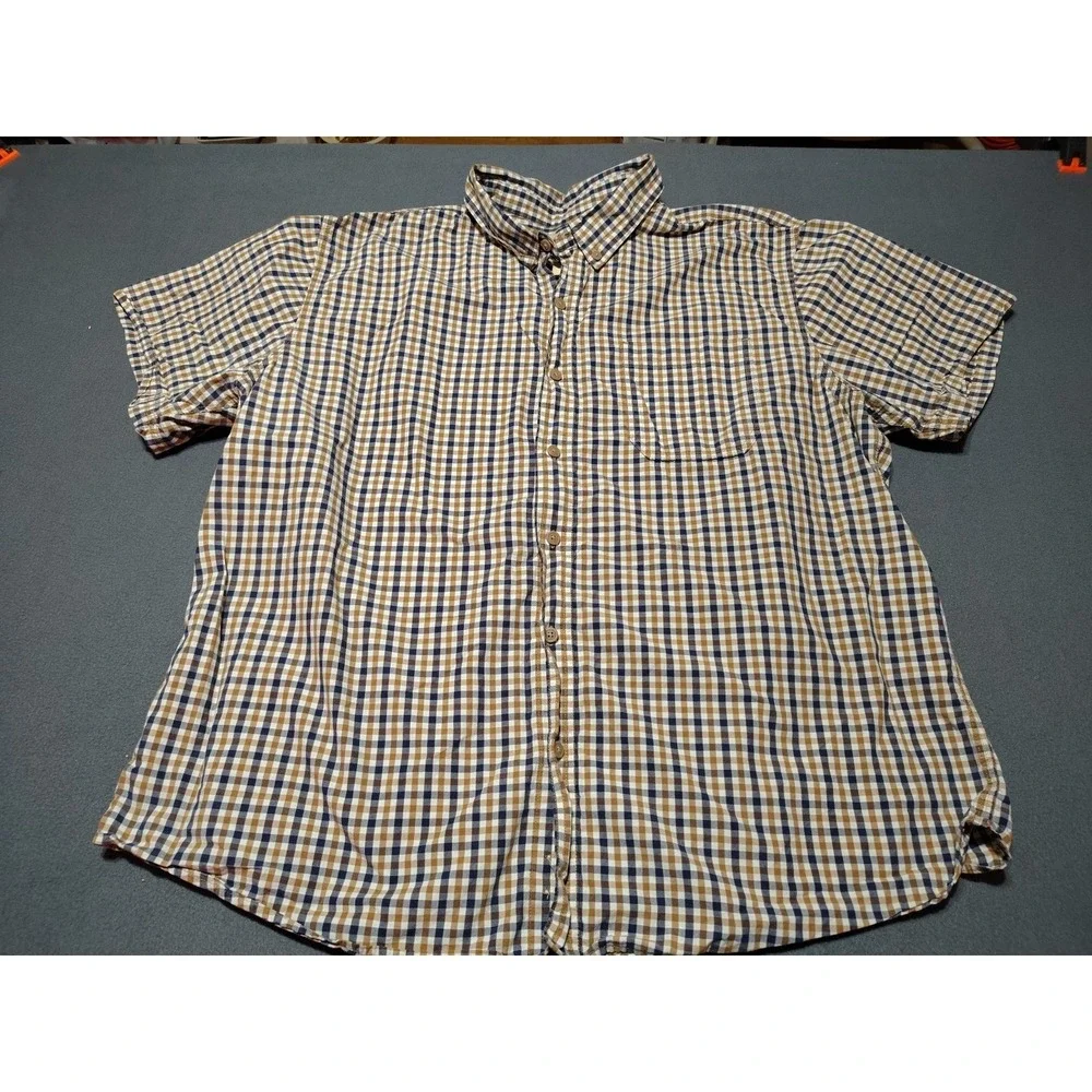 Blue Mountain‎ Shirt Men 2XL Brown Plaid Button Down Office Preppy Short Sleeve