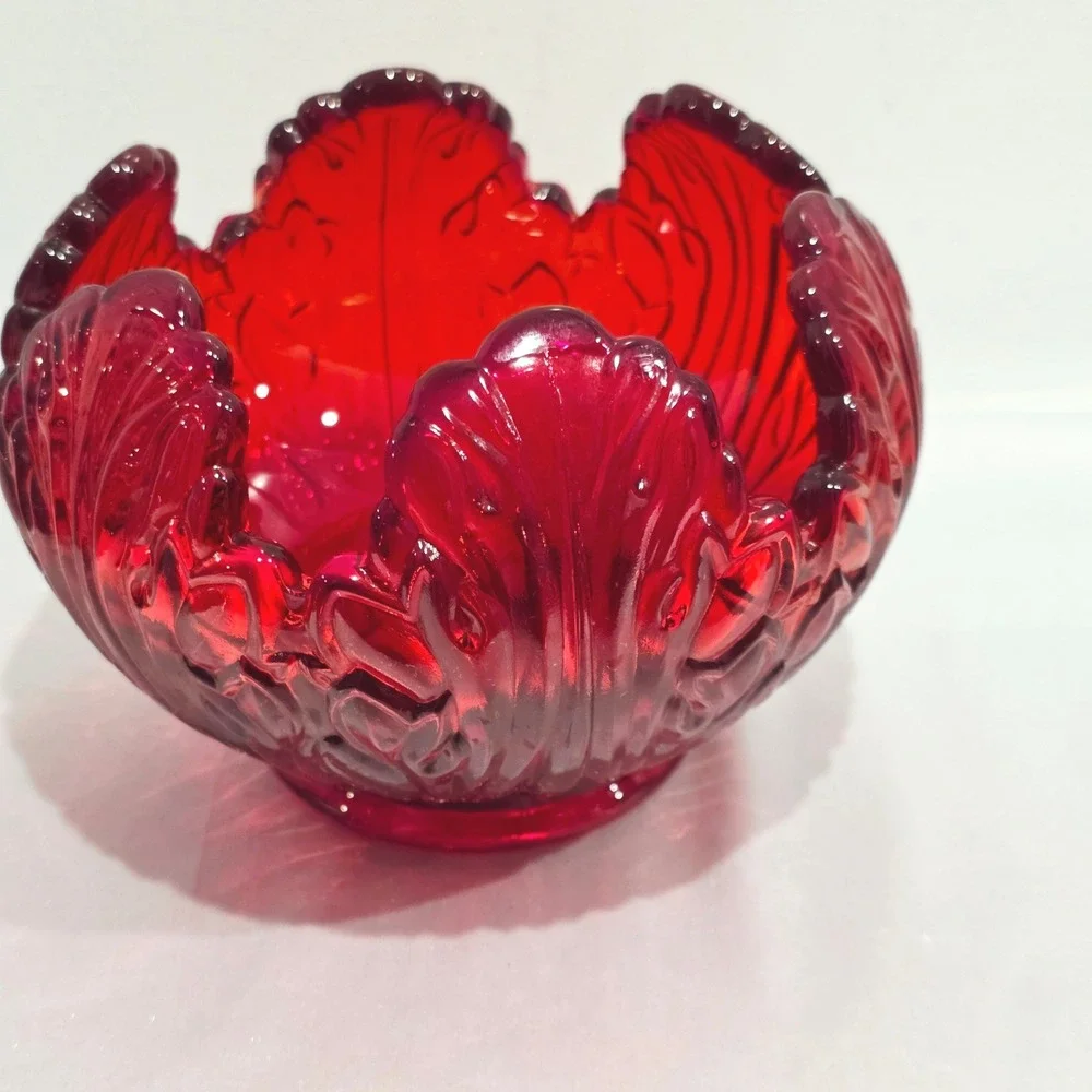 Fenton Red Cabbage Leaf Glass Bowl, Holiday Tableware, Scalloped Candy Dish