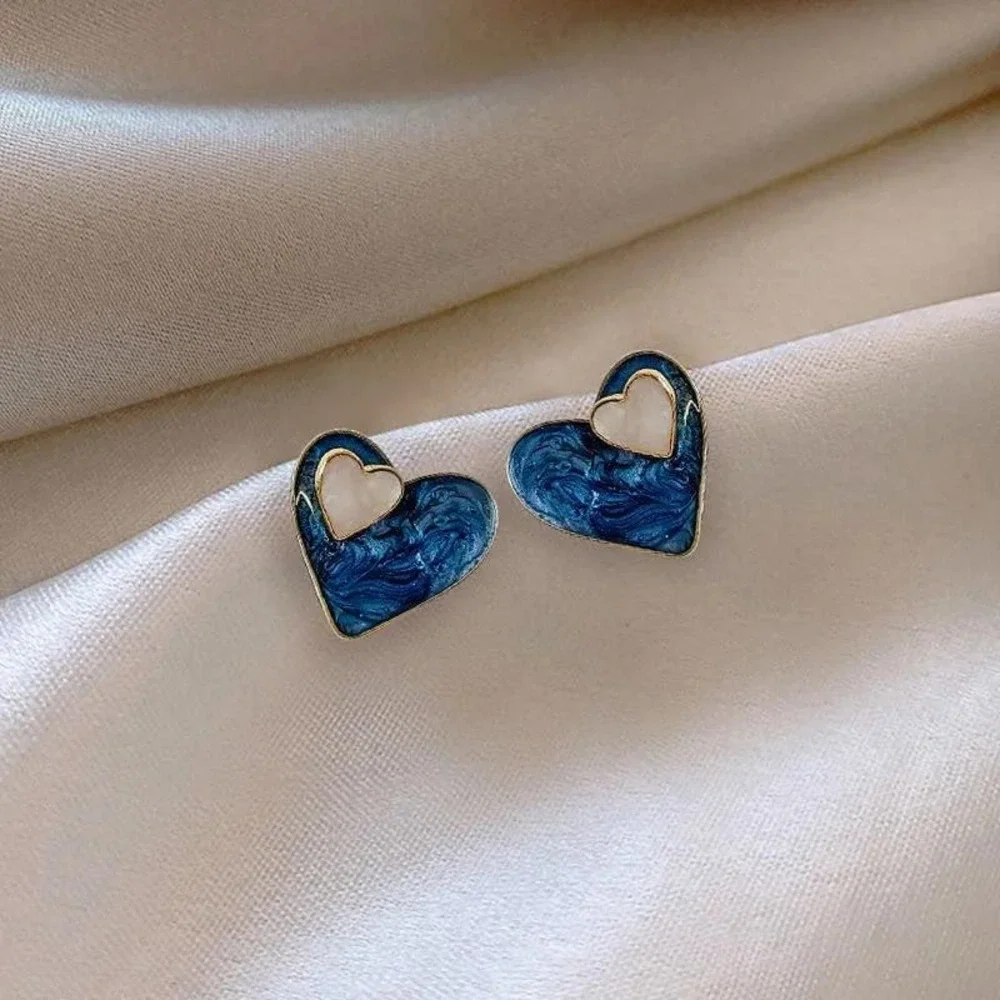 Heart Stud Earrings Women OS Blue Gold Marbled Enamel‎ Double Layered Chic Work