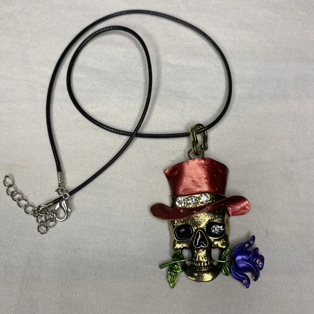 Skull Necklace Red Top Hat Rose Pendant Gothic‎ Halloween Costume Jewelry New