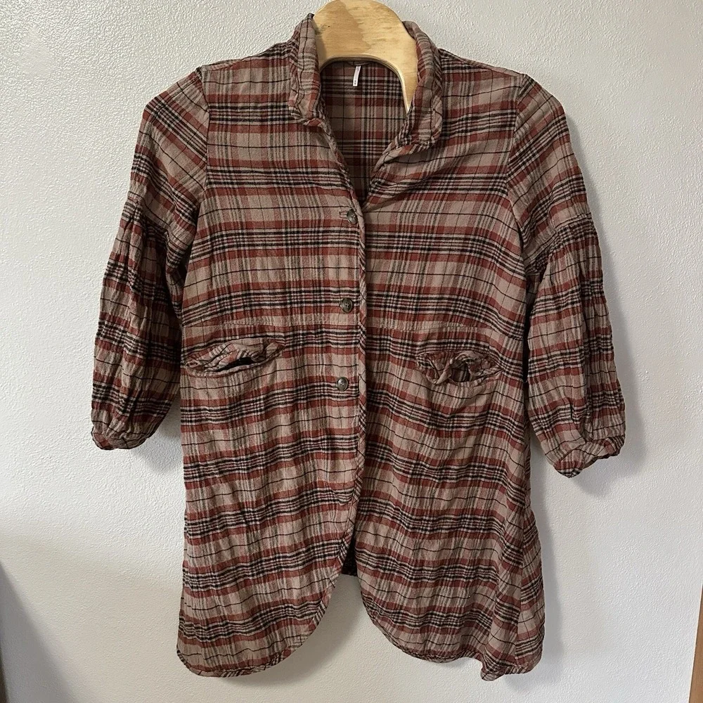 Free‎ People Victorian Plaid Jacket Size Medium Red Brown Oversized