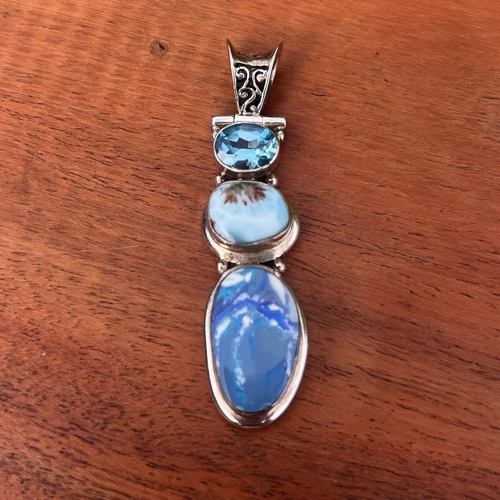 Southwestern 3-Stone Pendant Sterling‎ Silver 925 Blue Topaz Larimar 2.25