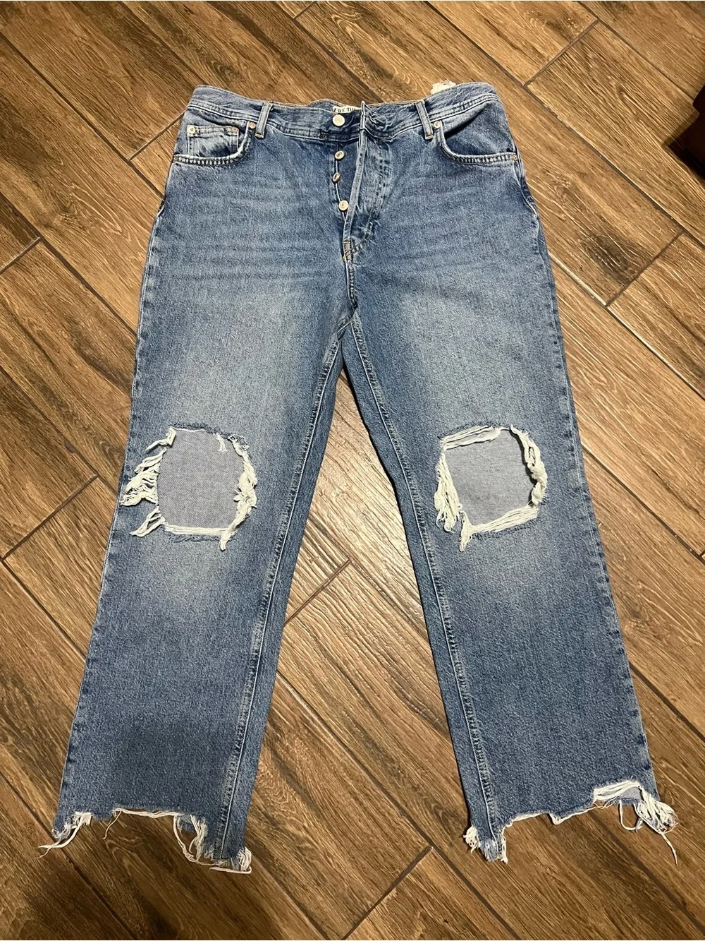 We The Free Maggie Mid Rise Jeans Size 30 Distressed Raw Hem Straight Leg