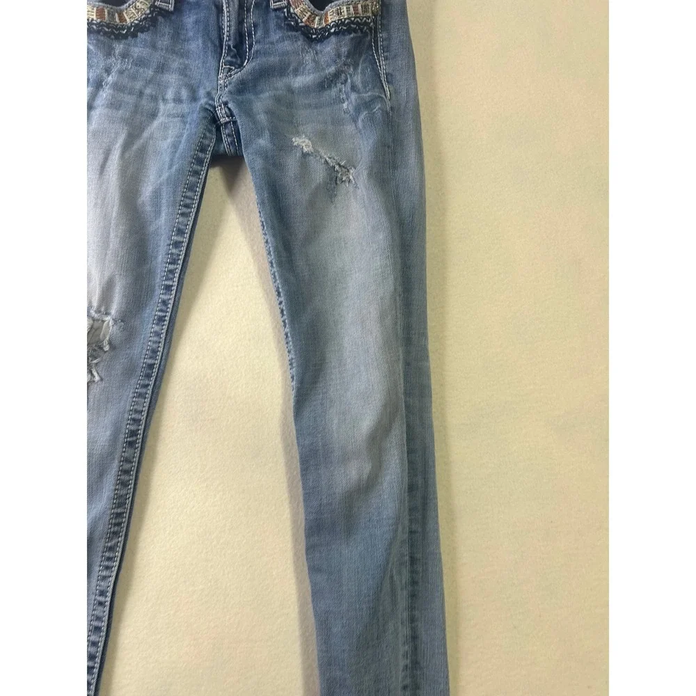 Miss Me‎ Mid Rise Skinny Jeans Light Wash Distressed Embroidered Beaded Size 27