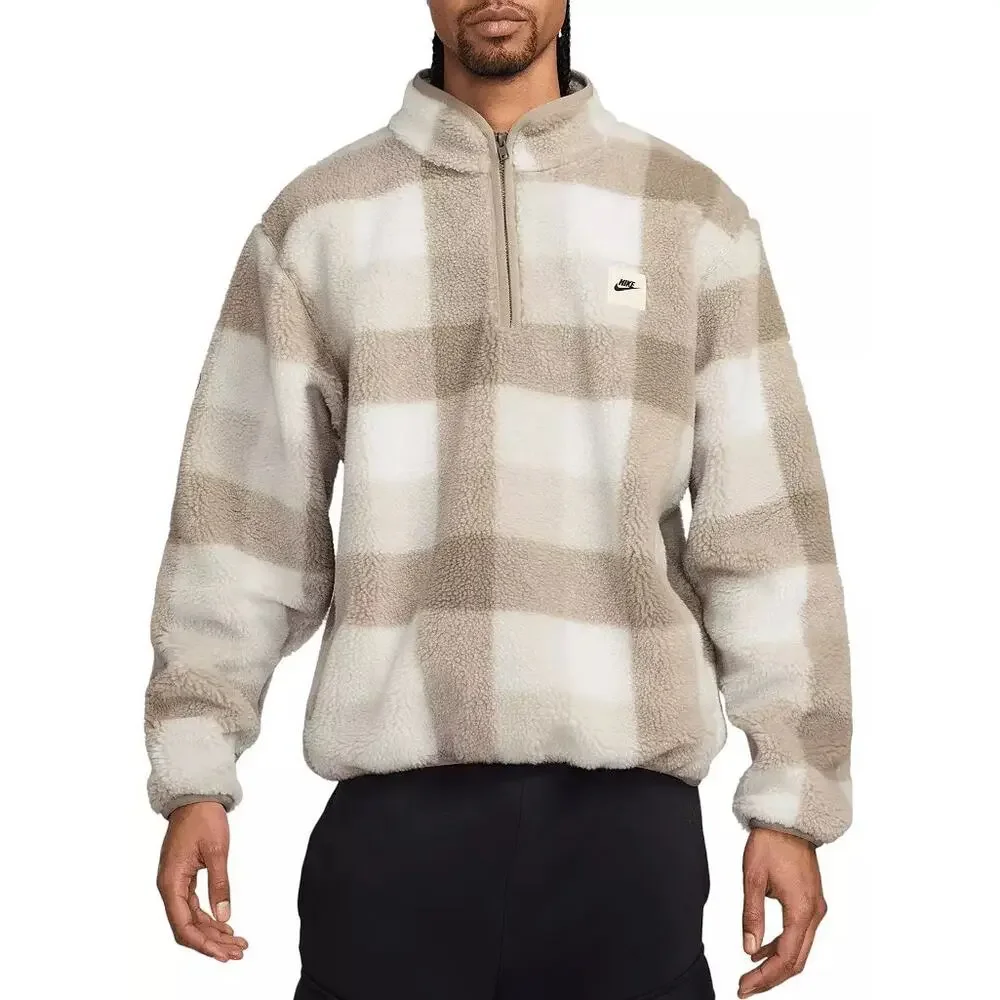 Nike Men's Club Winterized Khaki  Plaid Fleece 1/2 Zip Jacket