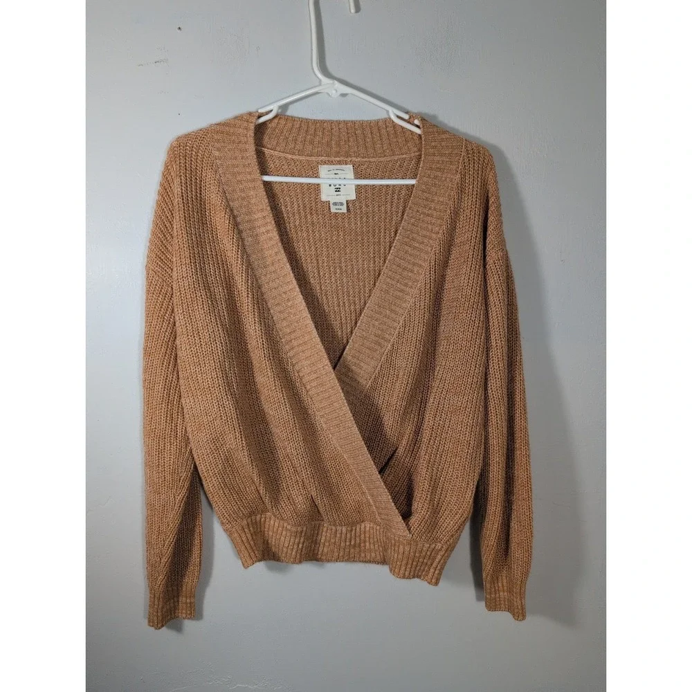 Billabong Sweet Bliss Surplice Sweater Size Medium Brown Open Knit V-Neck