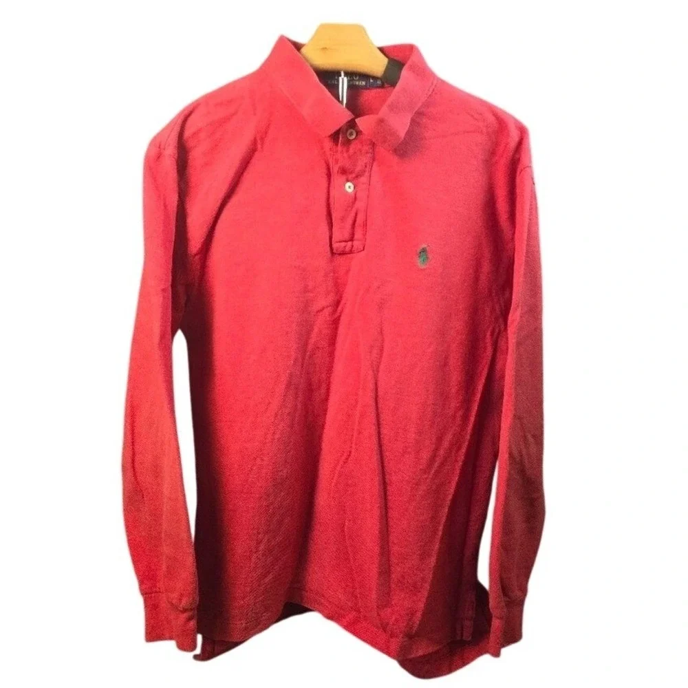 Polo Ralph‎ Lauren Mens Long Sleeve Polo Shirt Red Pique Cotton Pony Logo Large