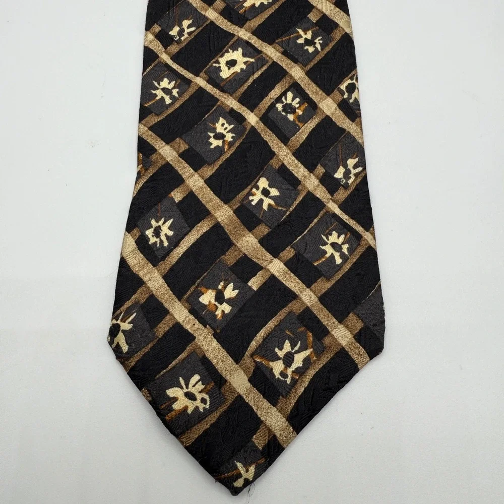 Ermenegildo‎ Zegna Silk Tie Black Gold Geometric Pattern Luxury Mens **READ