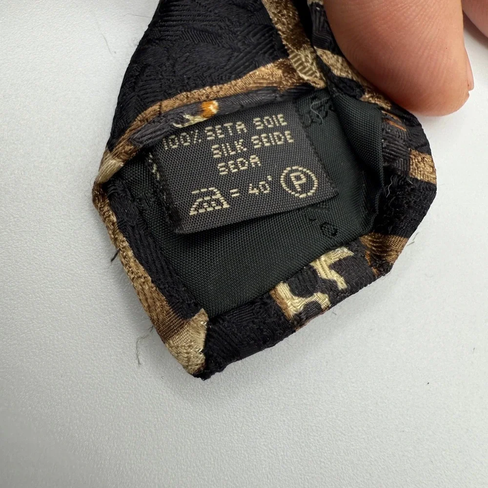 Ermenegildo‎ Zegna Silk Tie Black Gold Geometric Pattern Luxury Mens **READ