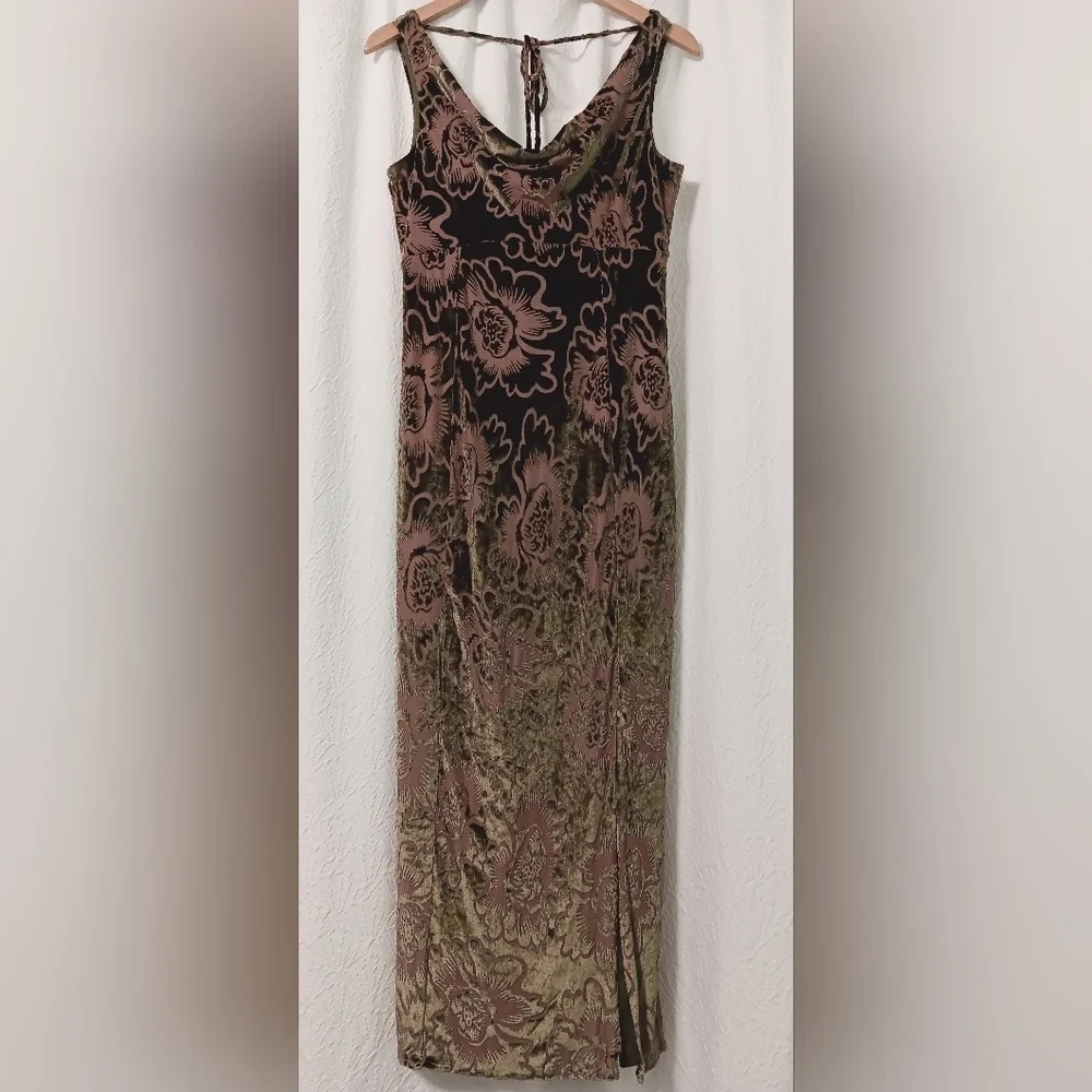 EUC TAYLOR Moss Green Floral Burnout Fall Cowl Neck Maxi Dress Size 6