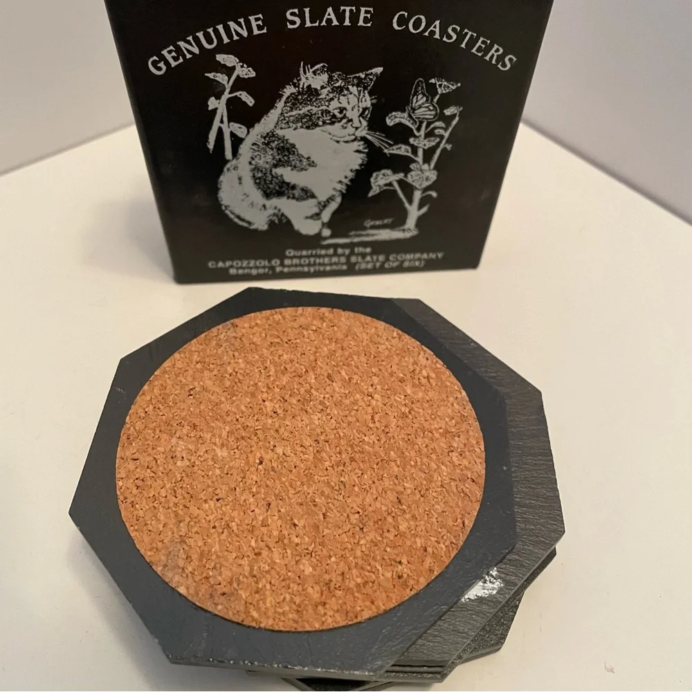 Set of 6 Slate Coasters‎ Cat Butterfly Quarried by Capozzolo Brothers Bangor PA