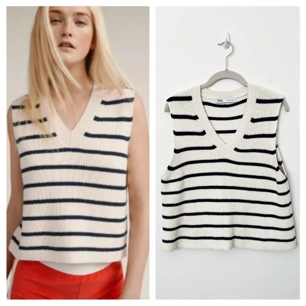 ZARA Ribbed Knit Cozy Cream Striped Cropped Sweater Vest