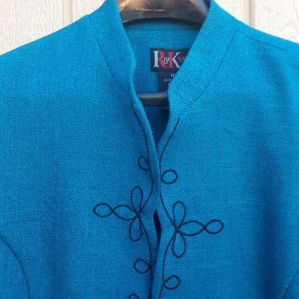 Vintage R&K Blazer Open Scalloped Mandarin Swirl Embroidered Cuffed‎ Teal Sz 14P
