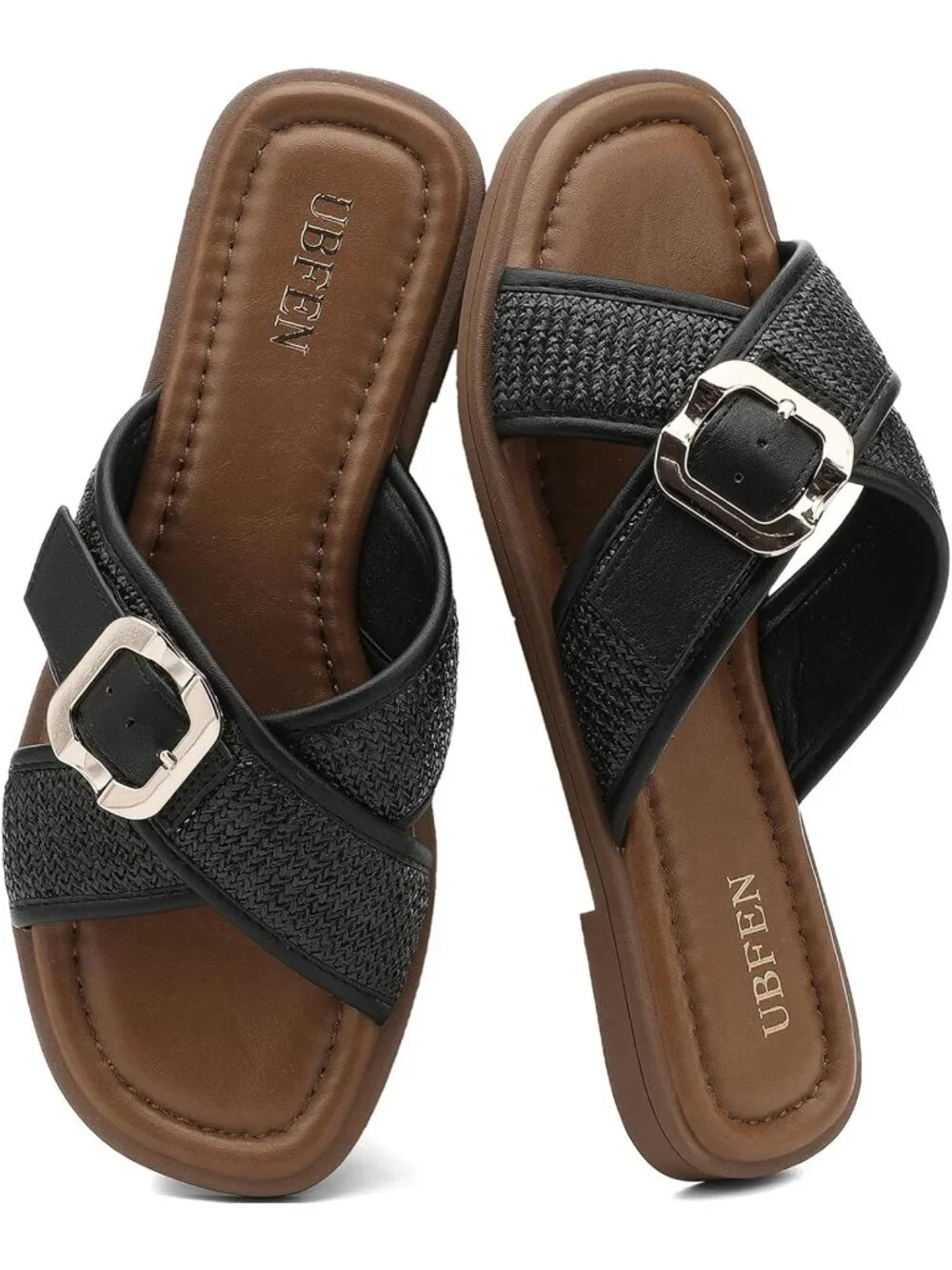 Women's Dark Black Square Toe Flat Sandals Slides Dressy Comfortable for Beach