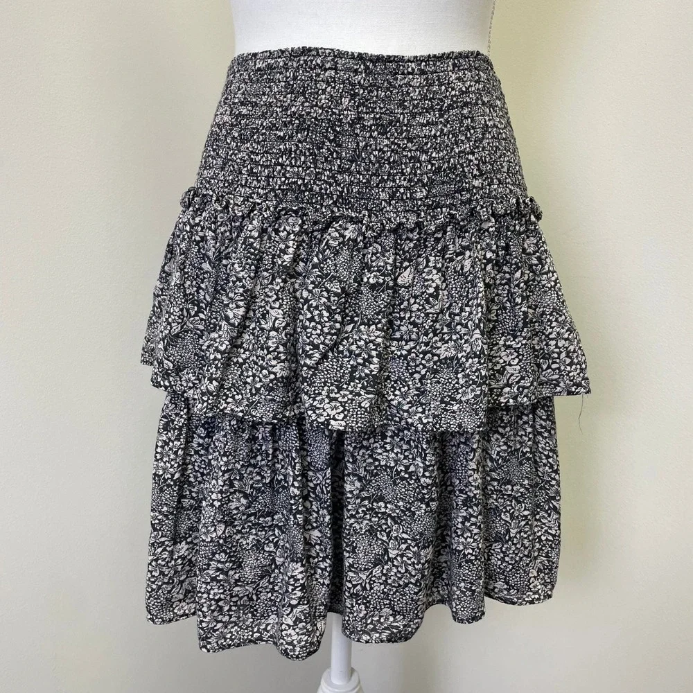 Anthropologie Floral Smocked Tiered Ruffle Mini Skirt S Boho Black White