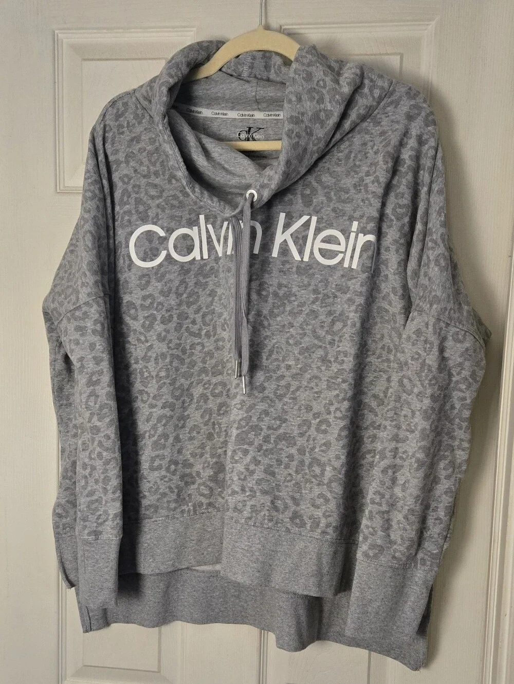 Calvin Klein Light Gray Leopard-Print Cowl Hoodie Sweater